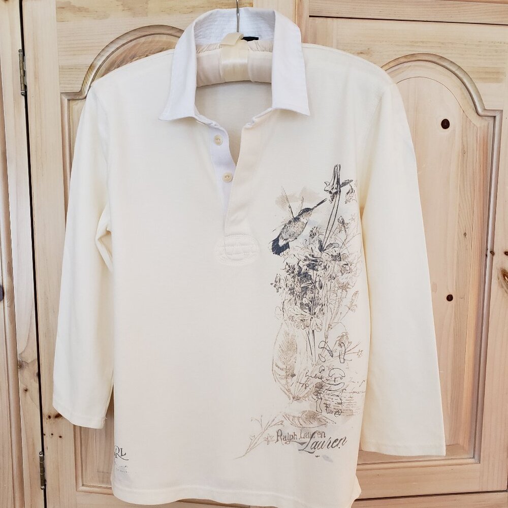 Vintage LRL Lauren Jeans Co. Polo Hummingbird Shirt 3/4  Sleeve Ivory/Cream M/L